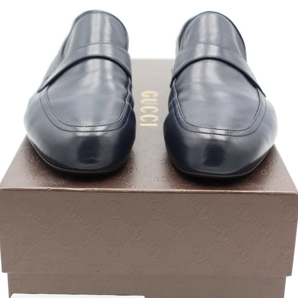 NIB Gucci Mens Navy Blue Unlined Leather Slip-on Loafers Shoes - Picture 2 of 9